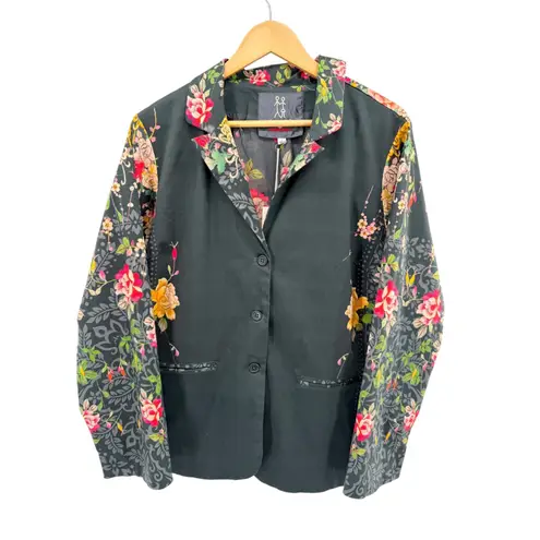 Johnny Was Pete & Greta Mono Blazer Jacket Floral Print Black L NWT Cotton Silk