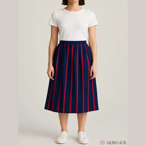 Vintage pleated midi skirt • navy blue with red stripes • modest • 70s 80s