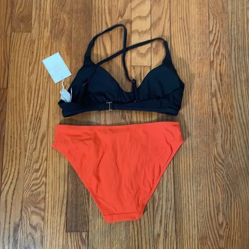ANDIE Bikini Set Valencia Top Bikini Bottom Ribbed Black Orange size M NWT