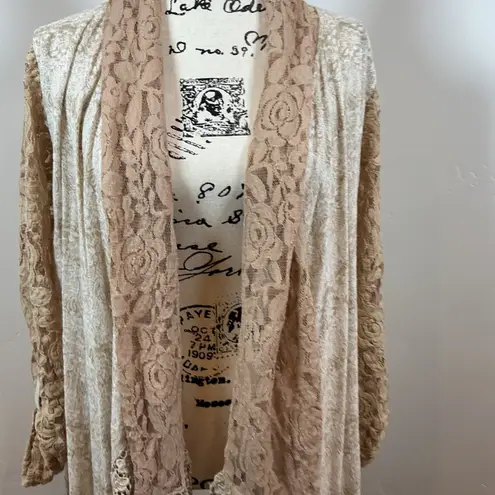 Multiples Lace Duster Cardigan Kimono Beige Tan Fringe Boho Open Front M - Image 3