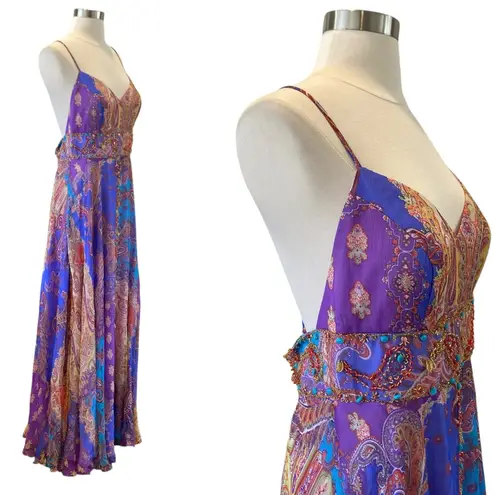 Issue Silk Beaded Paisley Maxi Dress Boho Evening Gown Open Back 90s Y2K Size 8