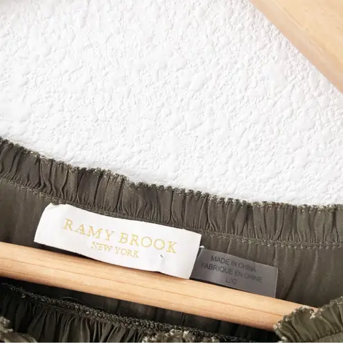 Ramy Brook Merry Ruffle Smocked Split Tie Neck Blouse Top in Olive Green