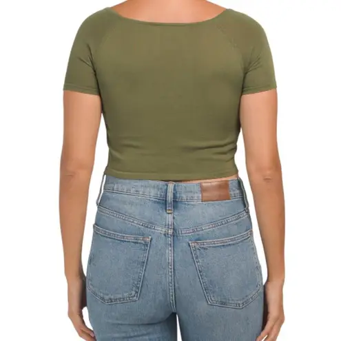 Mango  WOMEN Ruched Short Sleeve Square Neck Cropped Tee - Size M - Green - NWT