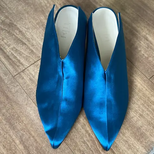 Tibi Jase Mules Kitten Heel Satin Pointed Toe Cut Out Oxford Blue Size 37 (7)