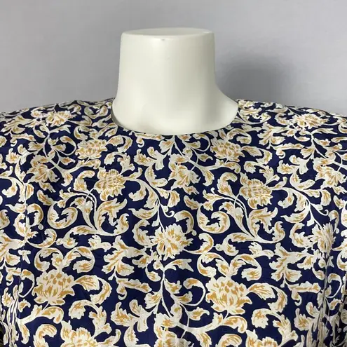 Vintage Dress 80s Long Sleeve Pencil Officecore Puff Sleeves Floral High Neck Blue Size XS