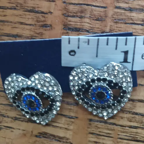 Pair of Evil Eye Heart Shaped Rhinestone Stud Earrings in Silvertone Nwt Blue