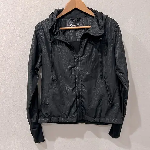 Zyia Active Black Slick Leopard Print Bomber Jacket | Size Small