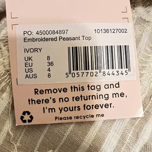 Missguided 100% algodon women embroidered peasant lvory top size 4