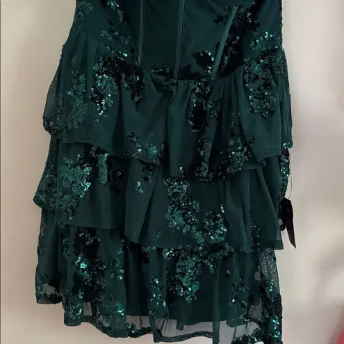 Lulus Definite Glamour Emerald Mesh Sequin Bustier Tiered Mini Dress NWT Green Size L