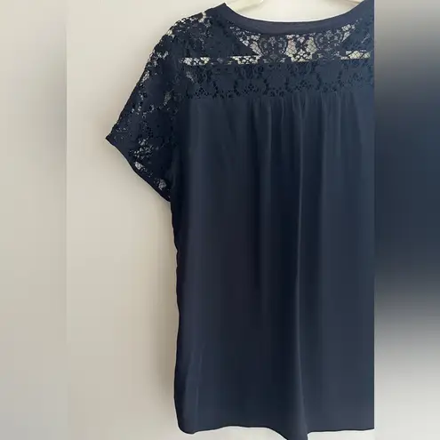 Rebecca Taylor Black Silk Blouse with Lace Floral Short Sleeves, Size 10