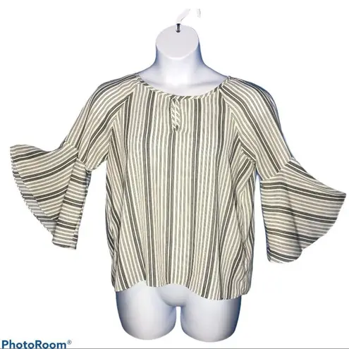 Zac & Rachel Petite Bell Sleeve Blouse Size Large Vertical Stripe Black & White