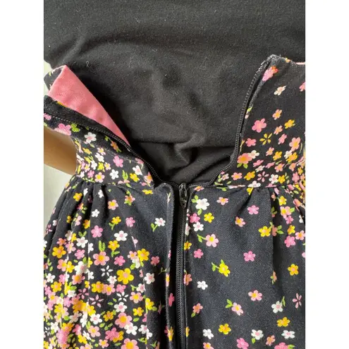 Vtg unbranded OOAK black floral high waisted corset front eyelet trim maxi skirt Size XXS