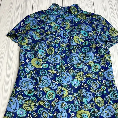 Vintage Blue 70s  and green floral mock neck mini dress large