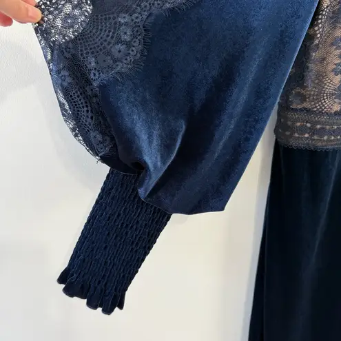 Tadashi Shoji NEW Lace Trim Long Sleeve Wide Leg Velvet Jumpsuit Navy Blue Sz 20