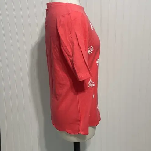 Karen Scott Women's Floral Scalloped Hem Top Coral Small Scoop Neck Tee Pink