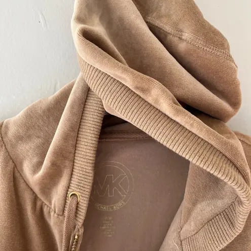 Michael Kors  Sz M Tan Velour Full Zip Hoodie Jacket Sweater Pockets