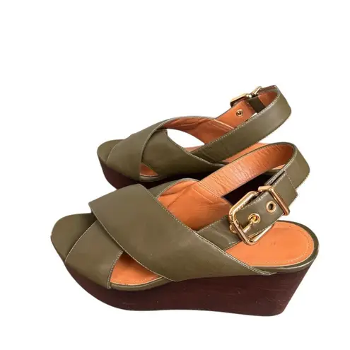 Marni Green Leather Crisscross Wedges Platform With Buckle Sandal Size 39