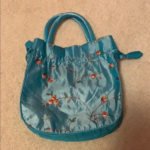 Embroidered satin blue mini bag floral shiny