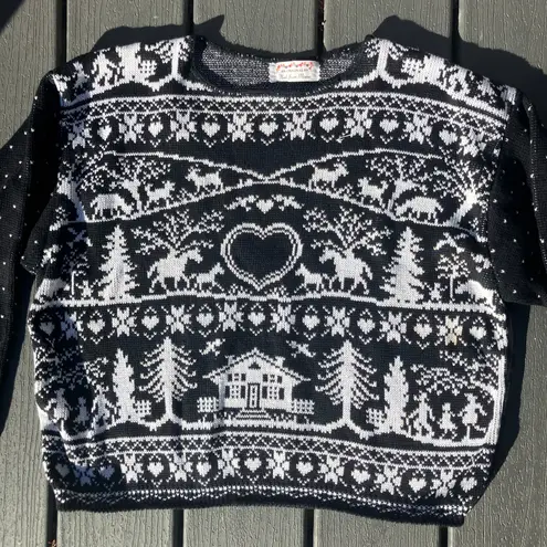 Handmade Black and white fair isle winter scenery Christmas sweater, hand knit pullover
