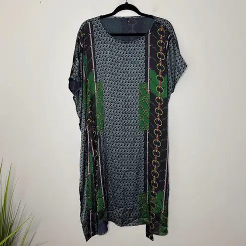 Japanese Brand Silk Blend Chain Print Dress Belted Green Black Short Sleeve XL