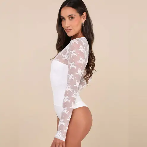 Lulus Sheer Sweet White Sheer Lace Crew Neck Long Sleeve Bodysuit Size Medium