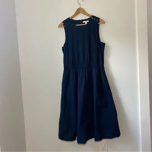 1901 Sailor Button Shoulder Stretch Cotton Poplin Navy Blue Midi Dress Retro