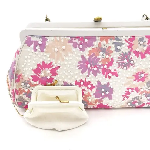 Vintage Magid Beaded Floral Clutch Purse White Pink Purple w Coin Pouch Beaded