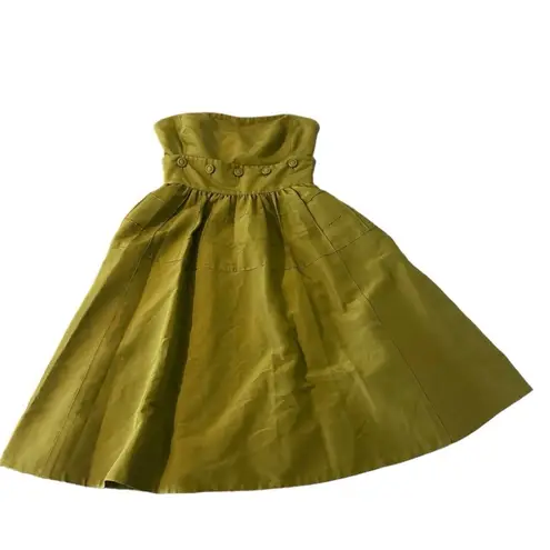 Maeve Anthropologie Green Button Midi Dress Silk Blend Women's Size 0 Strapless