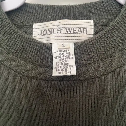 Jones Wear Vtg 90s Lambswool Blend Womens Sweater Sz L Preppy Olive Cable Trim
