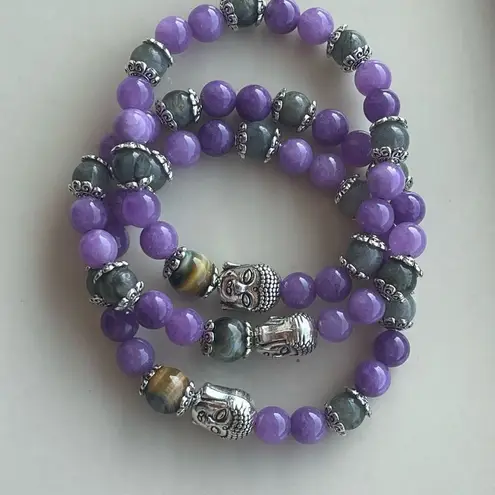 Dream tiger eye Buddha head labradorite kunzite ONE NEW stretch bracelet hand cr Purple