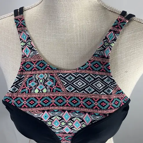 Trillium Halter Neck Black Geometric Tribal Print Swim Bikini Top Size Large