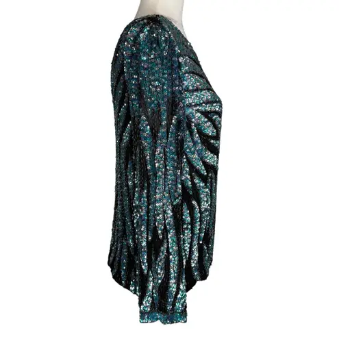 Vintage Oleg Cassini Blouse Small Beaded 100% Silk Formal Long Sleeve Evening Black