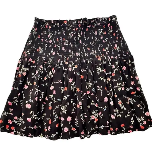 Ganni Elm Shirred Floral Black Georgette Mini Skirt Size 40 US 10 Smocked Waist