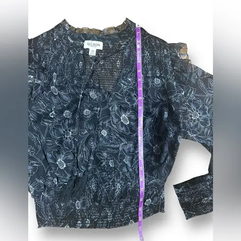 Allison New York black smocked sheer sleeve blouse top size Medium