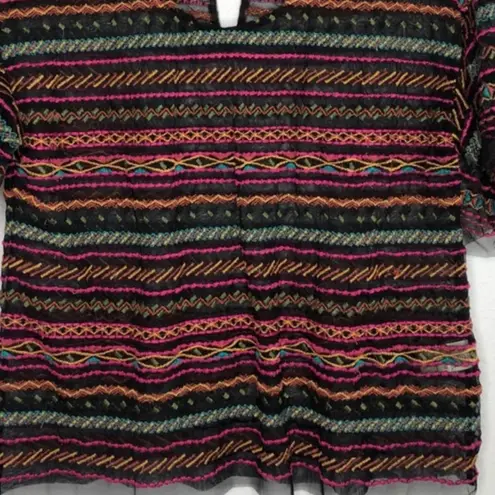 Anthropologie Maeve Black Sheer Ruffle Embroidery Stripes Top Blouse Small