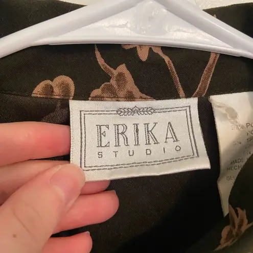 Erika EUC Vintage Studio women’s brown green floral button down shirt medium