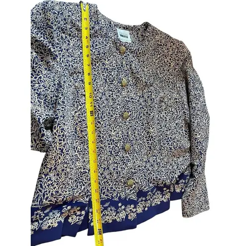 Leslie Fay Bold Blue Tan Floral Button Up Suede Feel Long Sleeve Dressy Top 18