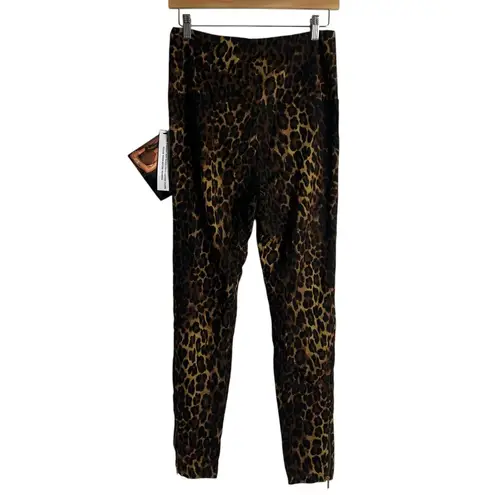 IMAN Black Brown Leopard Animal Print Zip Ankle High Rise Leggings Size Medium