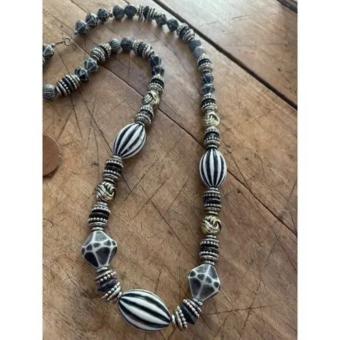 Handcrafted Black & White Beaded Necklace With Gold Accents