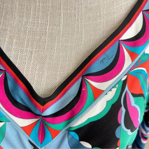 Emilio Pucci Colorful Silk Blend V-Neck Long Sleeve Ruched Women's Top