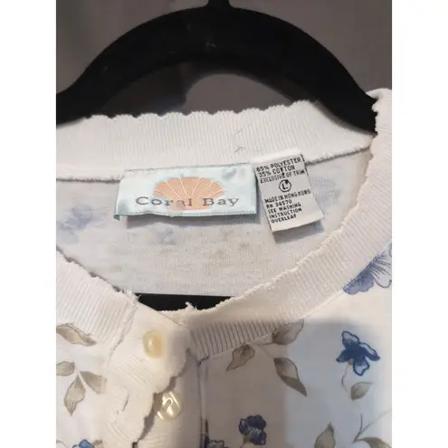 Coral Bay White Blue Floral Print Button Front Cardigan, Women's Large Sweater