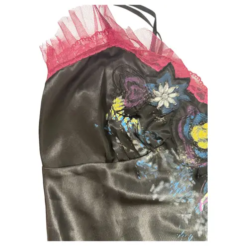 Lapis Vintage 90s Satin Hand Painted Lace Floral Butterfly Slip Tank Medium NEW Black