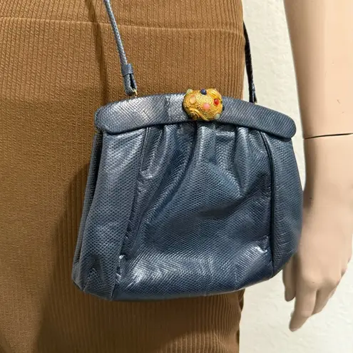 Vintage Navy Lizard Leather Goldtone Shell Gripoix Bead Clasp Evening Clutch Bag Blue