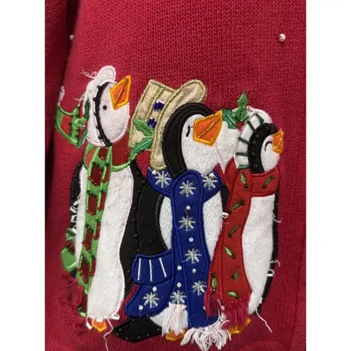 White Stag Y2K Christmas Sweater Sz L Holiday Penguins Snowflakes Red