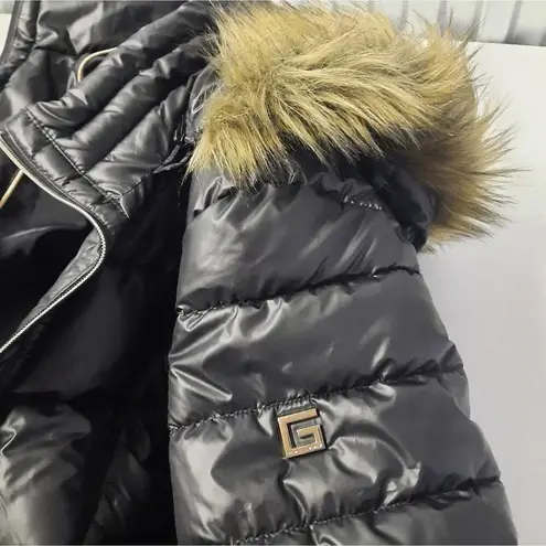 Gallery Womens Puffer Coat Small Black Hooded Faux Fur Full Zip Winter Outerwear