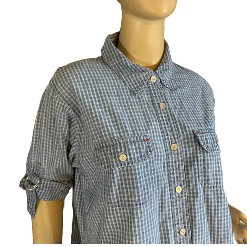 Gloria Vanderbilt VINTAGE 1990'S BLUE DENIM COTTON W/GRID PATTERN TOP (XL)