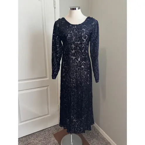 Vintage Caron Joy Sheer Velvet Burnout Dress Floral Long Sleeve Maxi Evening Black Size 12
