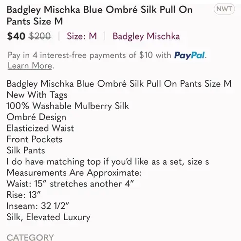 Badgley Mischka Black Ombre Silk Pull On Pants Size M