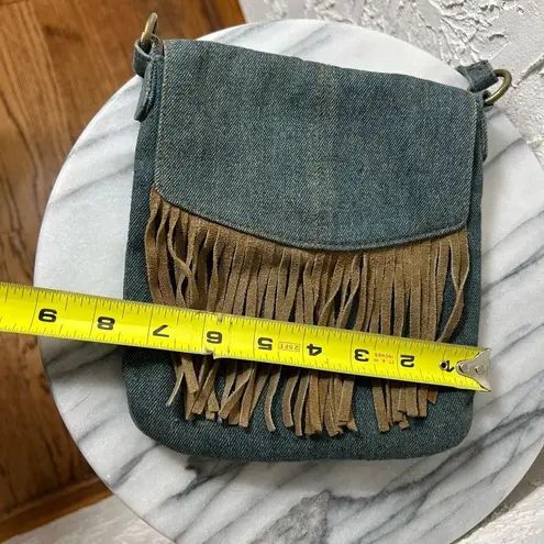 BOHO Denim Faux Suede Fringe Crossbody Bag Blue