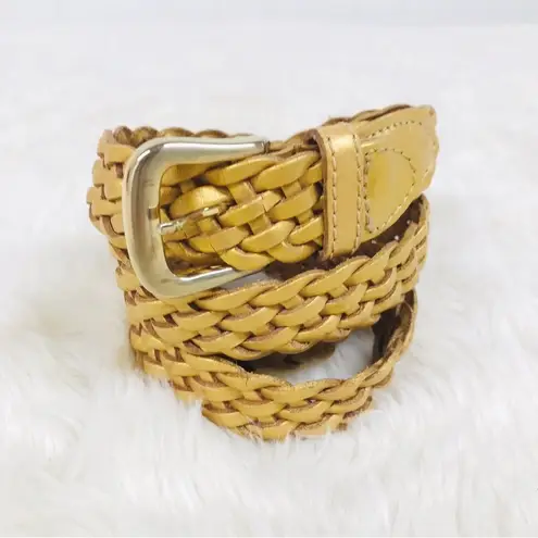 VINTAGE 90s Gold Metallic Woven Leather Belt Braided Y2K Retro Medium Large Gold